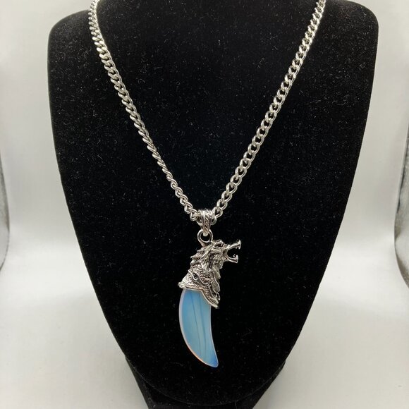 Opalite Gemstone Tusk with Men's Manly Chunky 20 inch Stainless Steel Chain NEW - Picture 7 of 12